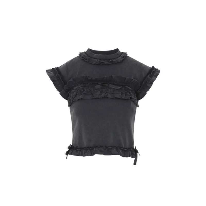 Balenciaga T-shirt Short-Sleeved Ruffled Top With Vintage Soft Finish Black