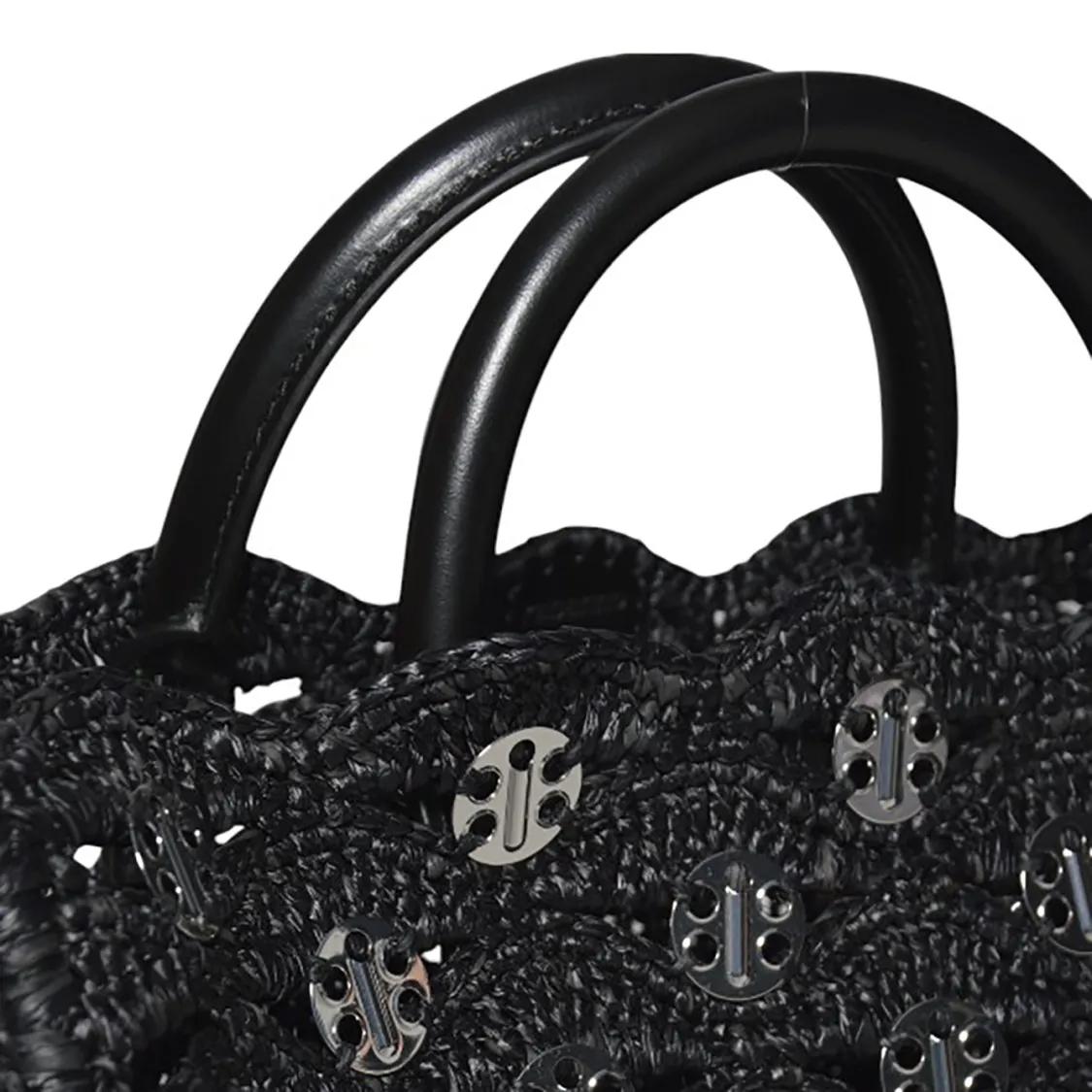 Paco Rabanne Shoppers & Totes Black Raffia Tote Bag With Logo Medallions in zwart