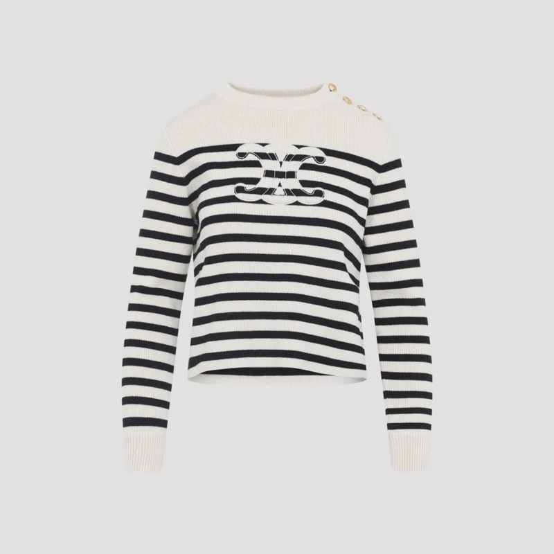 Celine Trui Ecru And Black Striped Cashmere Pullover Grey