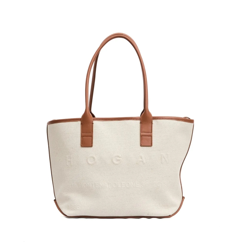 Hogan Fourre-tout Address Small Shopping Bag In Beige Canvas Neutrals