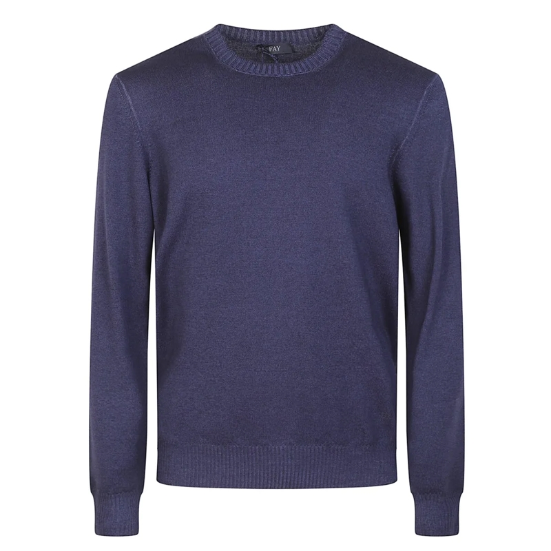 Fay Pull Crew Neck Blue Virgin Wool Sweater With Iconic Log Blue