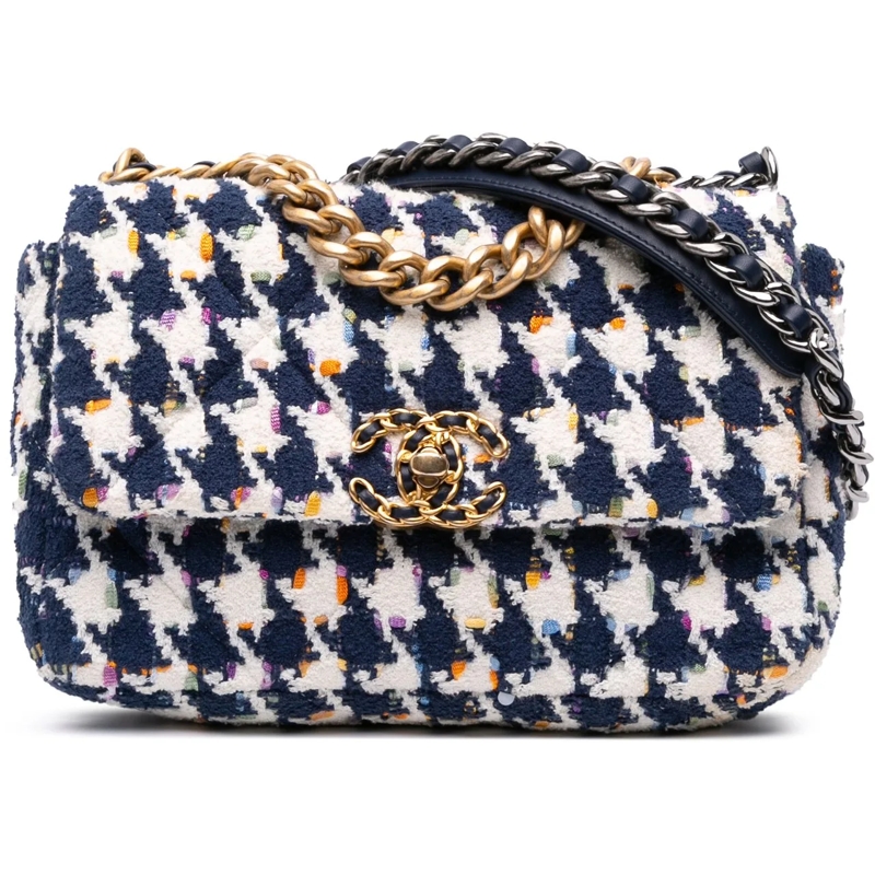Chanel Sac à bandoulière Medium Houndstooth Tweed 19 Flap blau