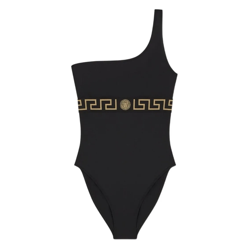 Versace  One-Shoulder Swimsuit With Gold Greca Detailing Black