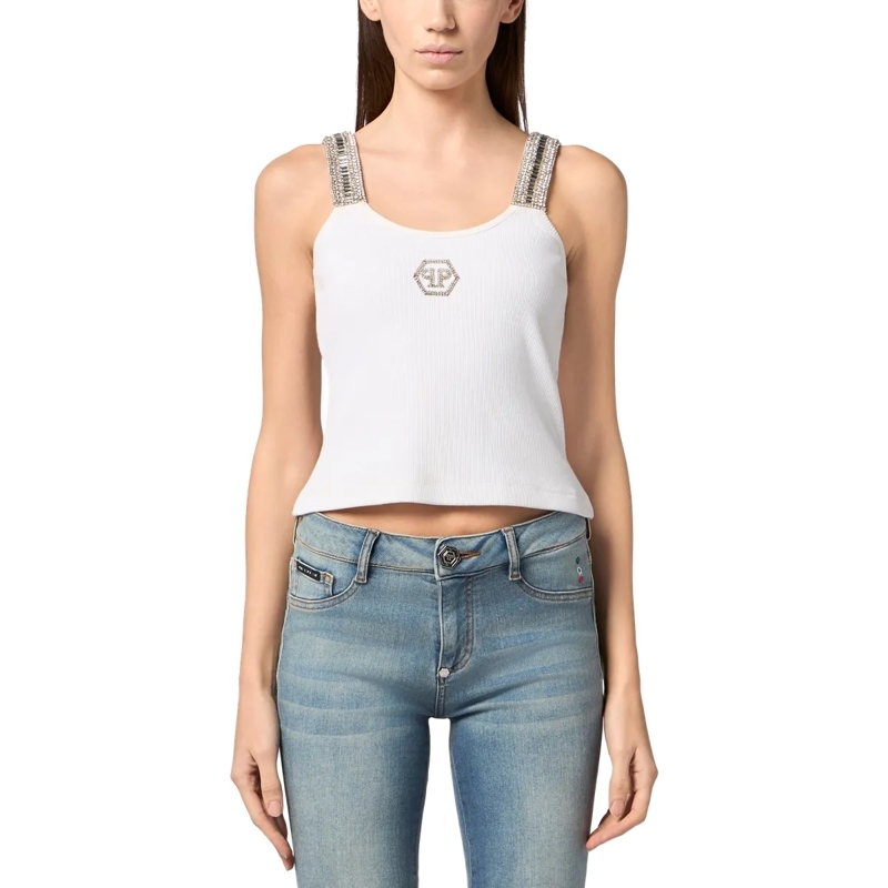 Philipp Plein Top Rib Tank Top Strass Hexagon weiss(Image 3)