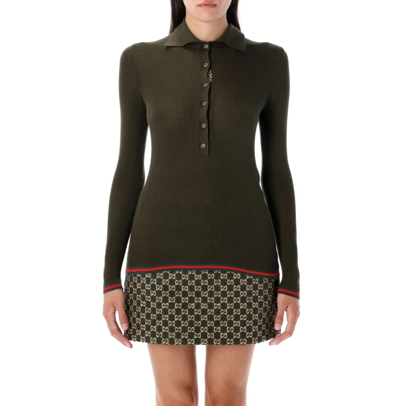 Gucci Langärmeliges Oberteil Ribbed Knit Ls Polo Top Green
