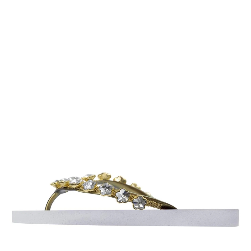 UZURII Flip Flops platte hausschuhe Chrystal Flower weiss