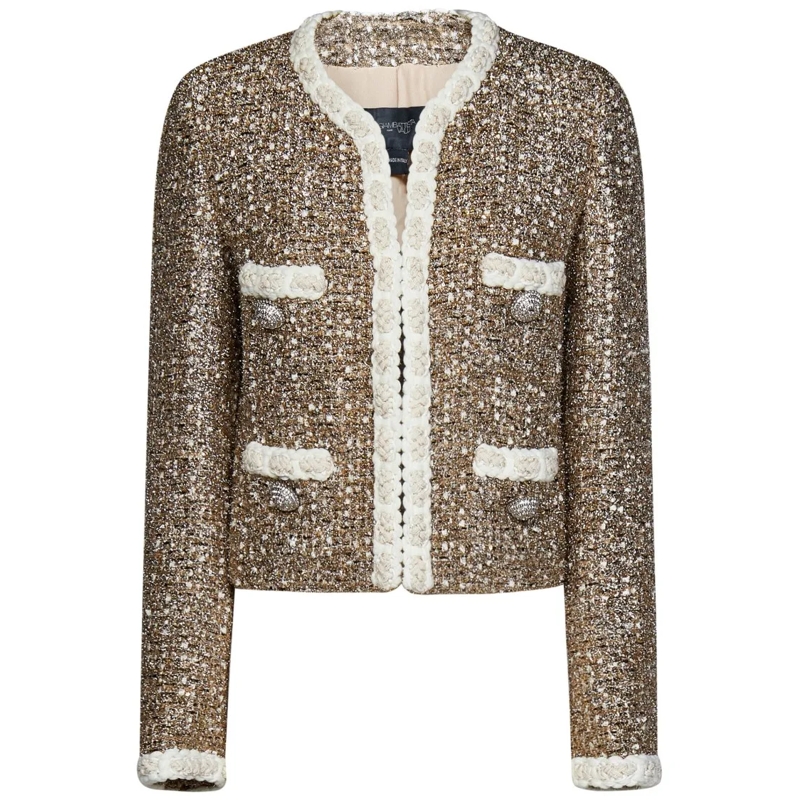 Giambattista Valli Veste de transition Metallic Textured Jacket With Floral Trim And Pock Brown