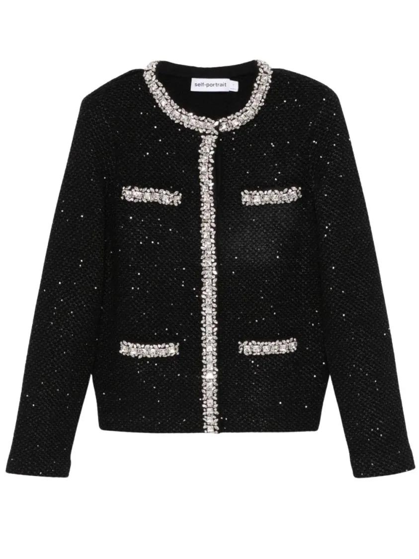 Thumbnail - self-portrait - Black Sequin-Knit Jacket - Größe L - schwarz