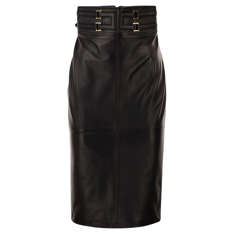 Elisabetta Franchi Leren rok Midi Leather Skirt With Embossed Logo Black