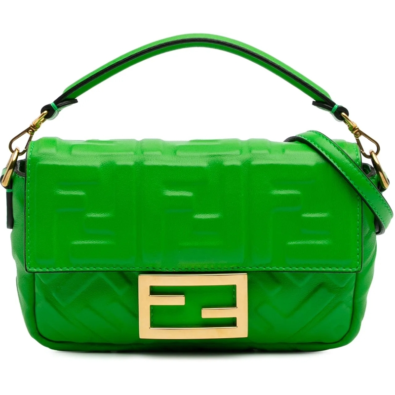 Fendi Schultertasche Mini Zucca Embossed Leather Baguette Satchel grün