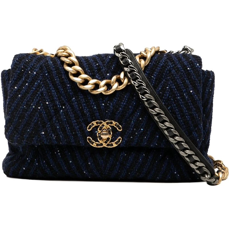 Chanel Schultertasche Large Chevron Tweed Sequin 19 Flap blau