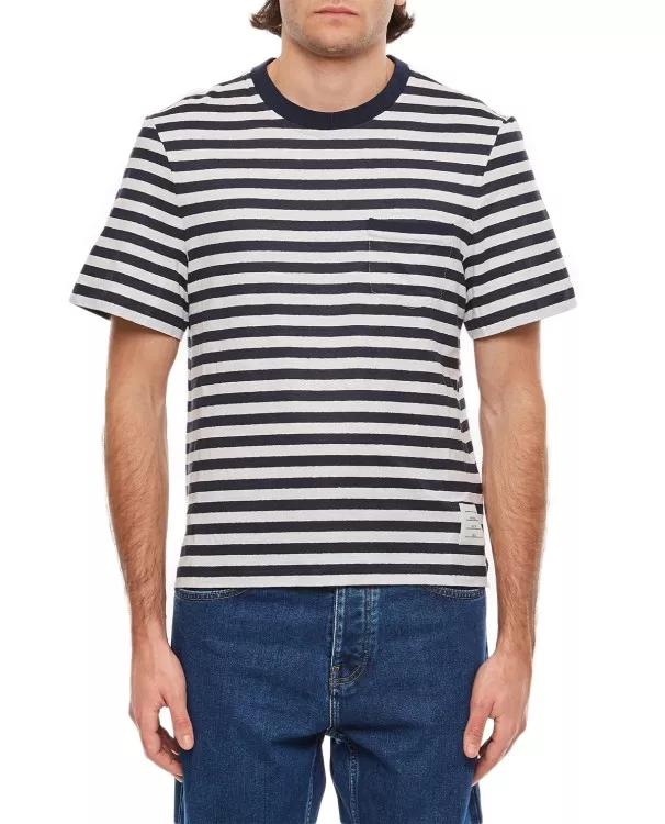Thumbnail - Thom Browne - Linen Striped Pocket T-Shirt - Größe 3 - blau
