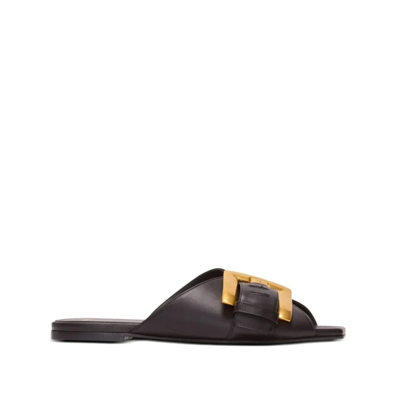 Balmain Sandalen Black Flat Sandals With Bold Gold Buckle Black
