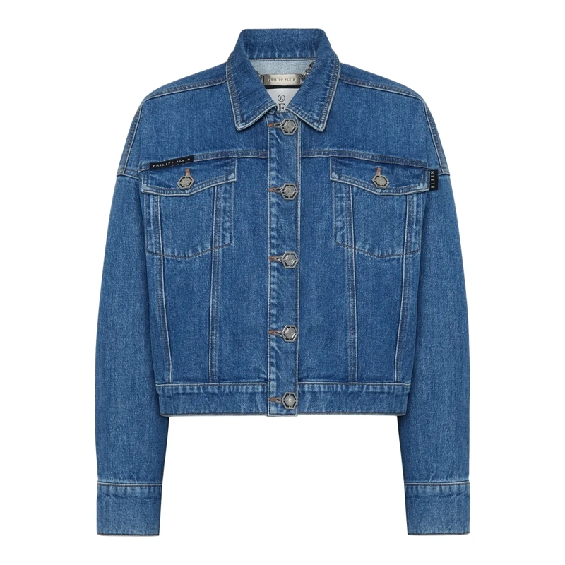 Philipp Plein Jeansjacke Denim-Jacke Mit Schmucksteinen grau