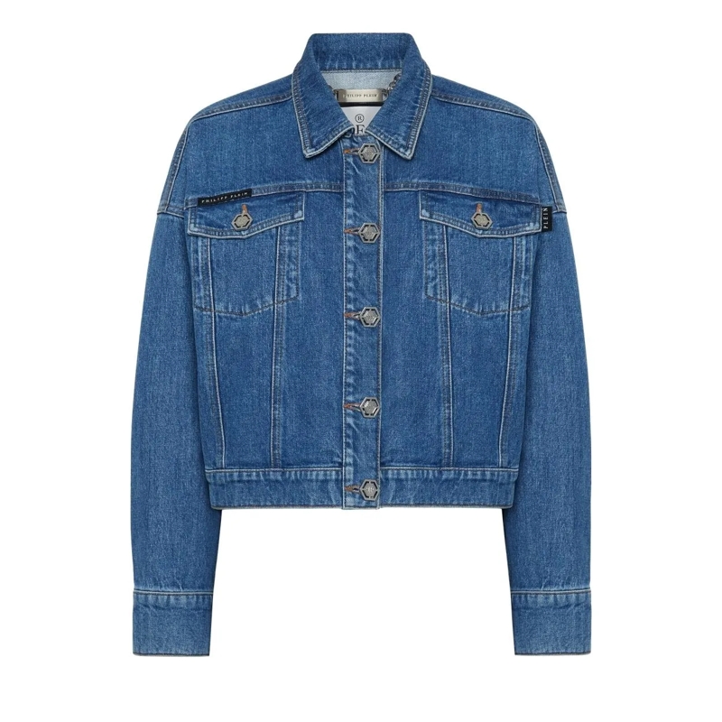 Philipp Plein Übergangsjacke Denim-Jacke Mit Schmucksteinen grau