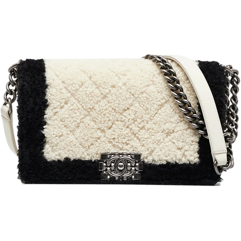 Chanel Sac à bandoulière Old Medium Bicolor Shearling Boy Flap weiß
