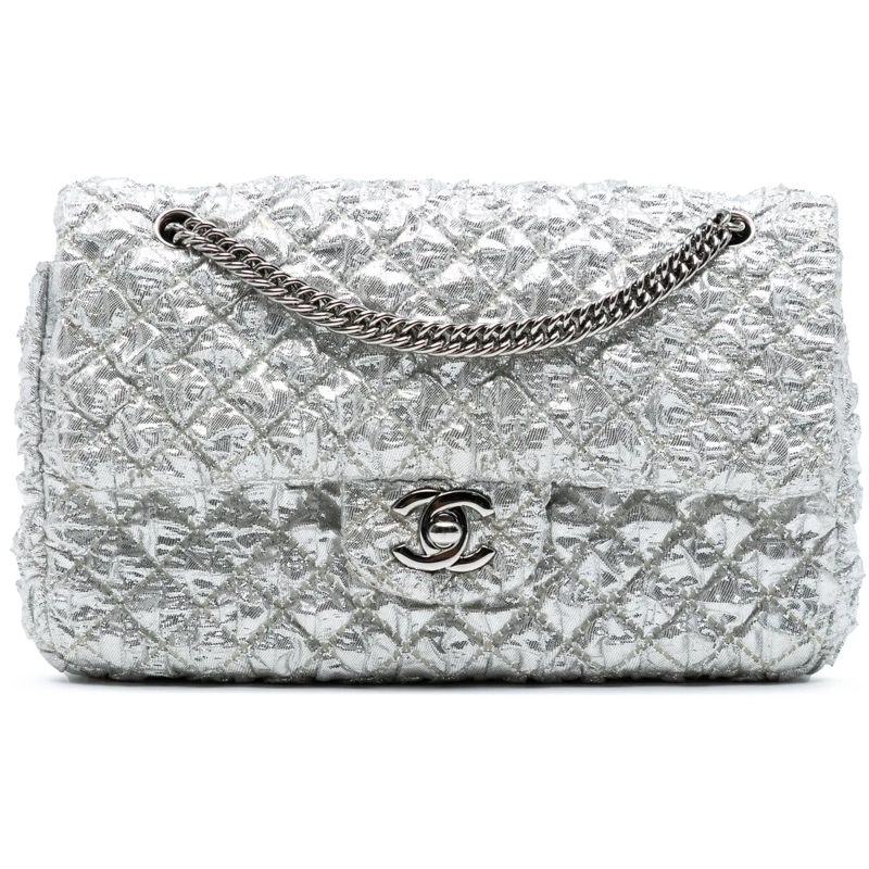 Chanel Sac à bandoulière Small Classic Metallic Lame Bijoux Chain Double Fl silber