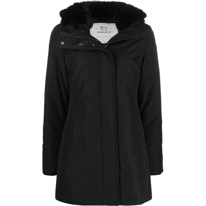 Woolrich Parka Thigh-Length Black Coat With Classic Hood And Logo Black