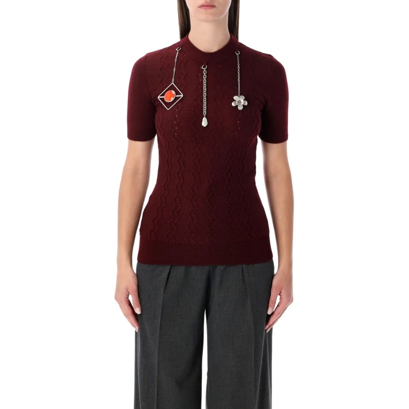 Prada Trui Burgundy Wool Sweater With Jewel Pendants Black