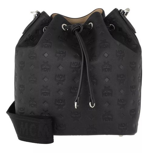 MCM Essential Monogrammed Leather Drawstring Medium Black Bucket Bag