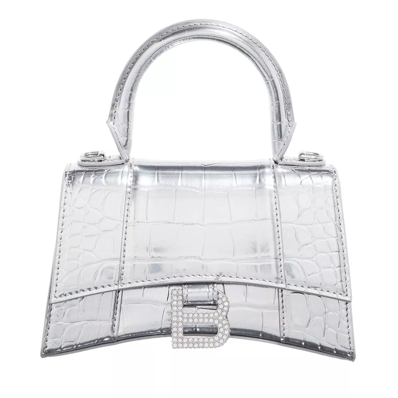 Balenciaga Minitasche Hourglass Metallic Finish Crocodile Embossed Silver