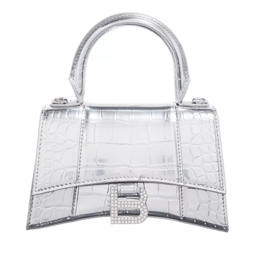 Balenciaga Hourglass Metallic Finish Crocodile Embossed Silver Mini Bag