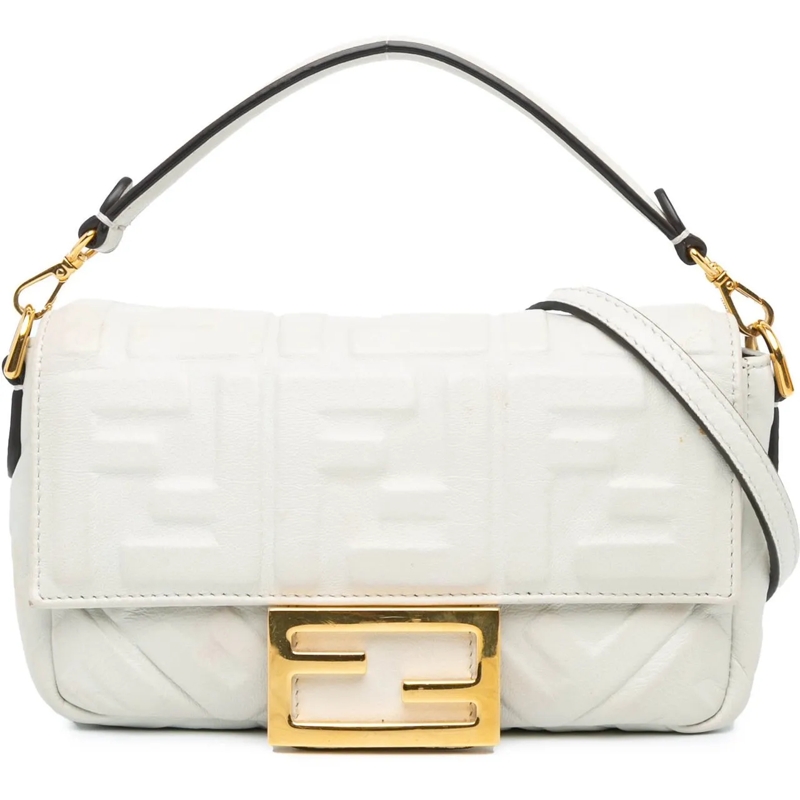 Fendi Schoudertas Mini Zucca Embossed Leather Baguette Satchel weiß
