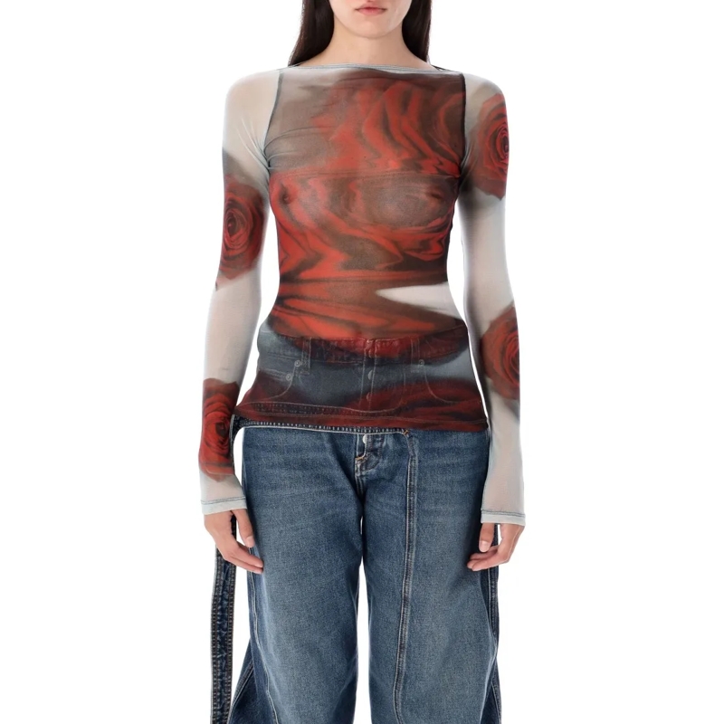 Jean Paul Gaultier Langärmeliges Oberteil Roses Mesh Top Multicolor