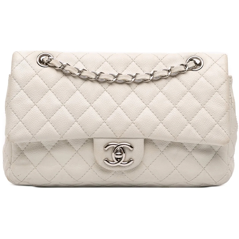 Chanel Sac à bandoulière Medium Classic Caviar Double Flap weiß