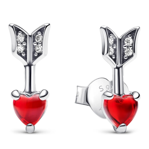 Pandora Hoop Heart arrow sterling silver stud earrings with red Sterling silver