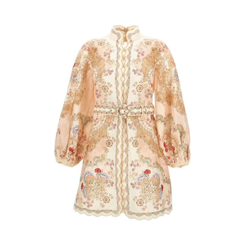 Zimmermann Minikleid Floral Linen Mini Dress With Stand Collar Neutrals