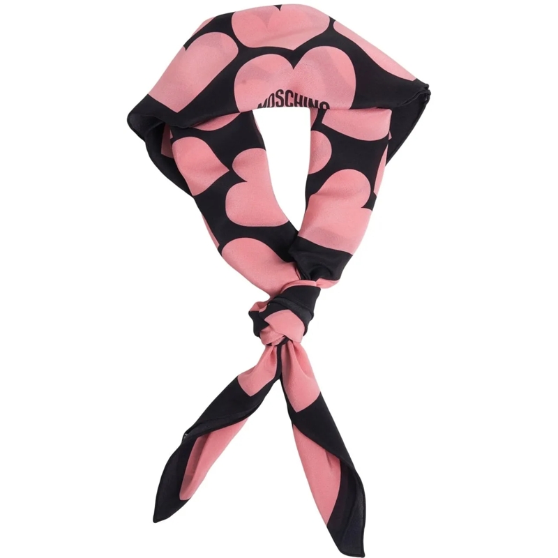 Moschino Écharpe en laine Silk foulard with heart print and logo print schwarz