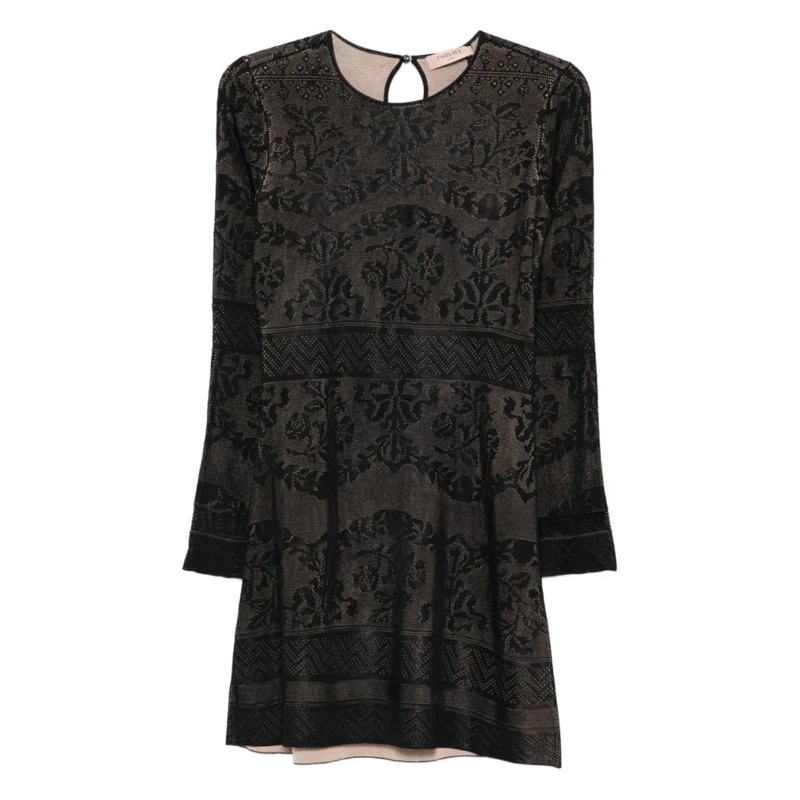 Twin-Set Mini-robe Mini Dress With Textured Fabric And Floral Pattern Black