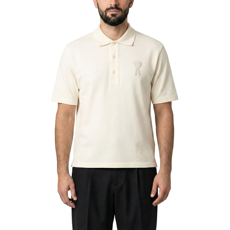 AMI Paris Polo Minimalist Short-Sleeve Polo Shirt With Heart Embl Neutrals(Image 2)