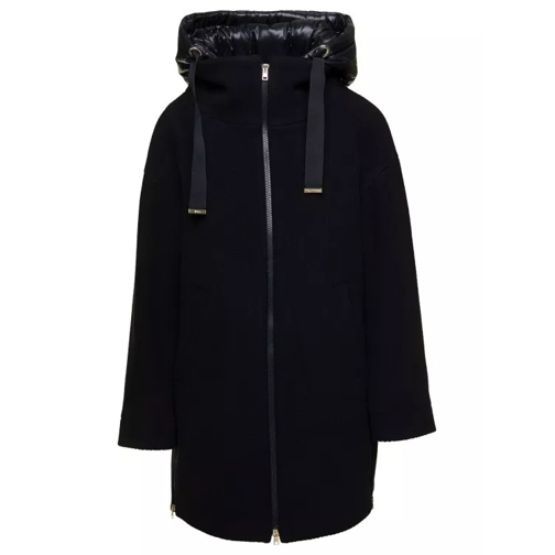 Herno Black Coat With Nylon Hood And Zip In Wool Black 