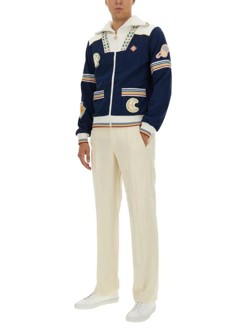Casablanca Navy Zip Sweatshirt With Embroidered Patches Blue