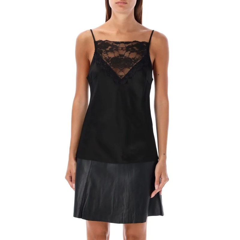 By Malene Birger Blouse Lace-Trimmed Satin Top With Spaghetti Straps Black