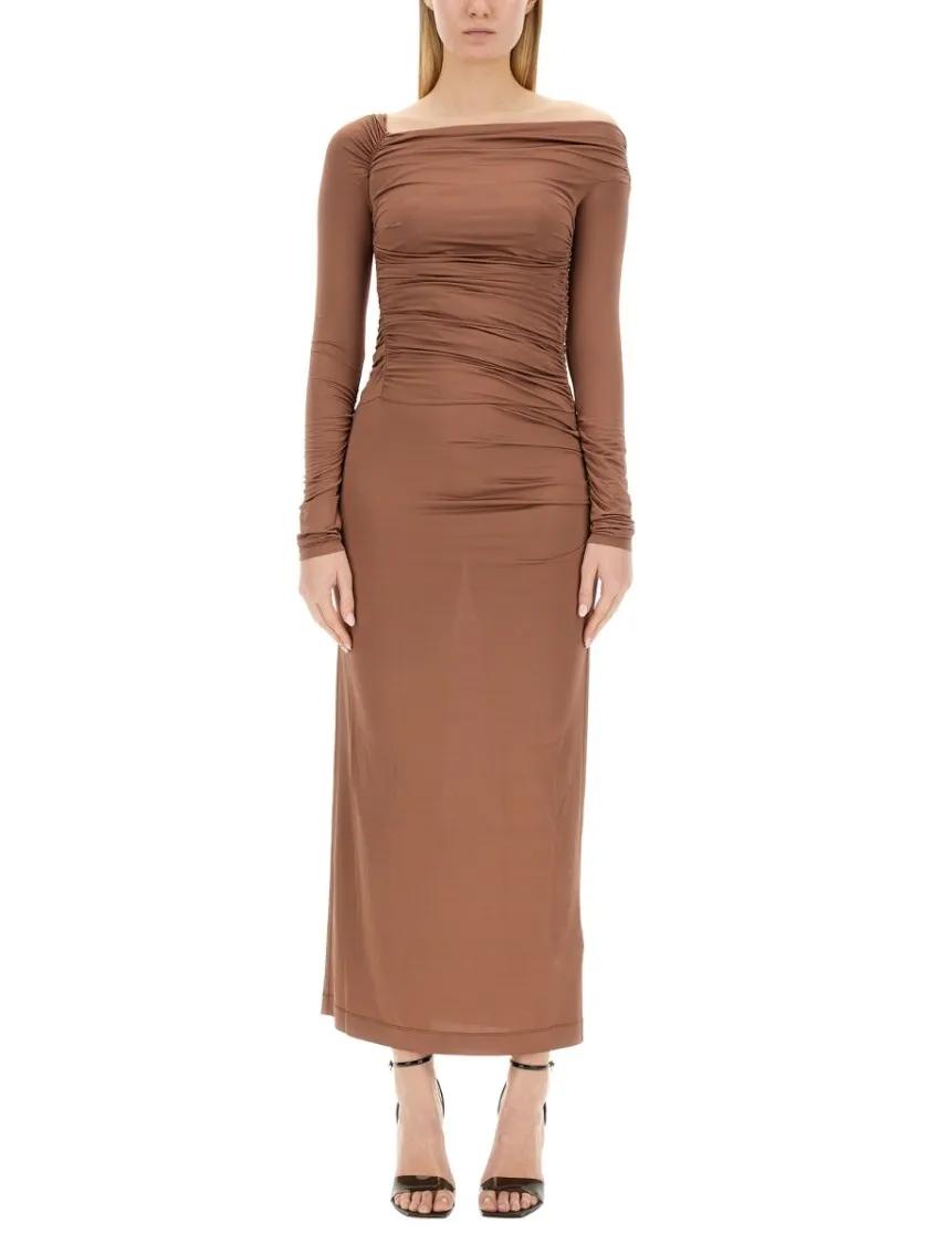 Thumbnail - Helmut Lang - Brown Off-Shoulder Midi Dress - Größe S - braun