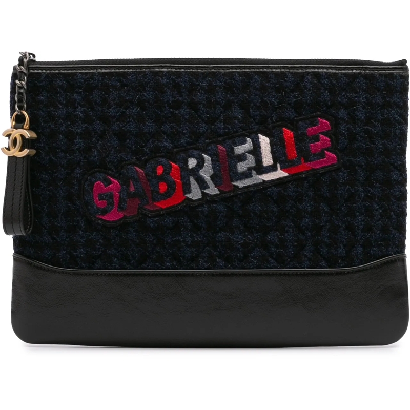 Chanel Pochette Quilted Tweed and Calfskin Embroidered Gabrielle C blau