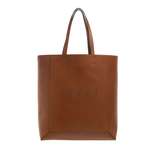 Gucci Debossed Tote Bag Leather Peanut Brown Rymlig shoppingväska
