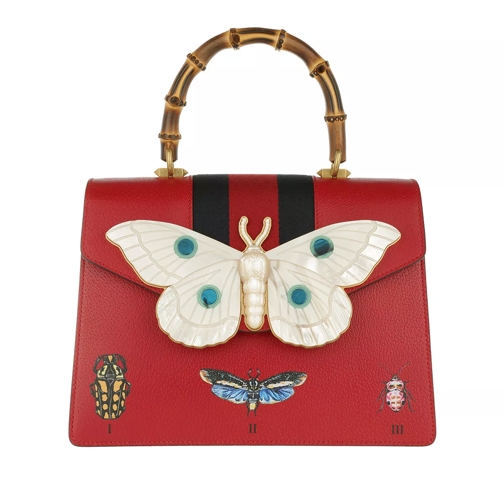 Gucci Leather Top Handle Bag With Moth Hibiscus Red Tote