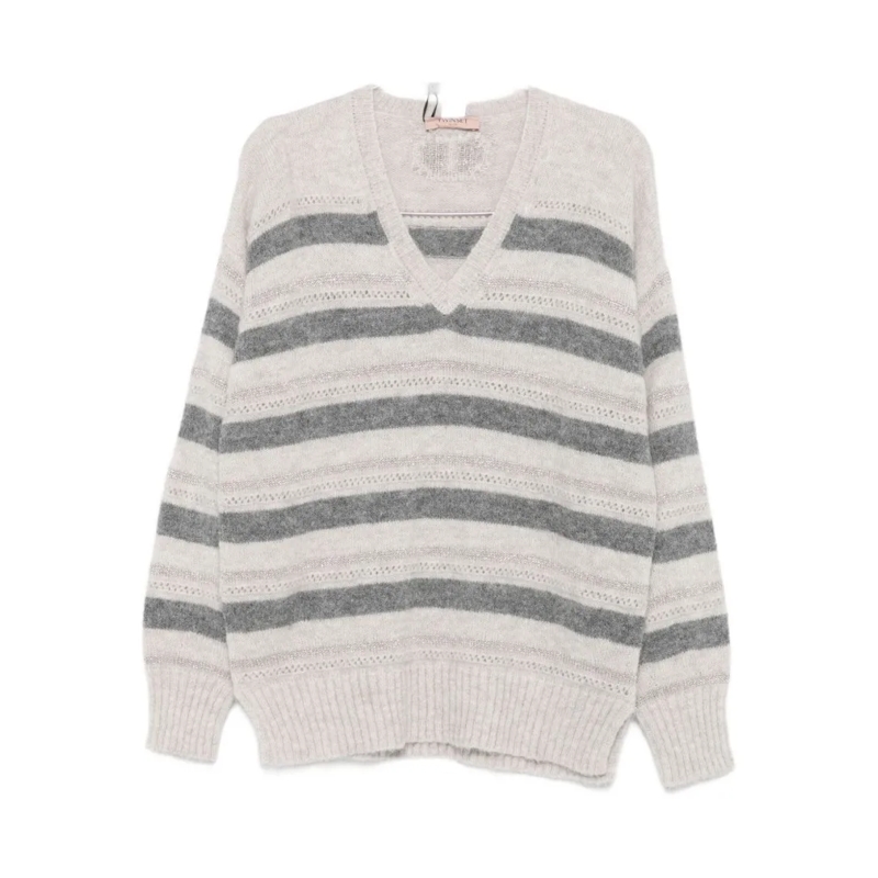 Twin-Set Pullover Horizontal Stripe Knit Sweater With V-Neckline White