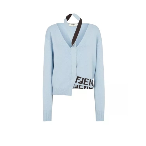 Fendi Wool And Cashmere Asymmetric Cardigan With Logo In Blue 