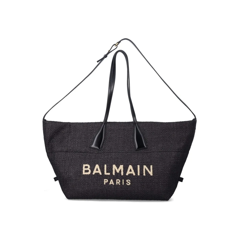 Balmain Tote Track Raffia Tote Bag Black