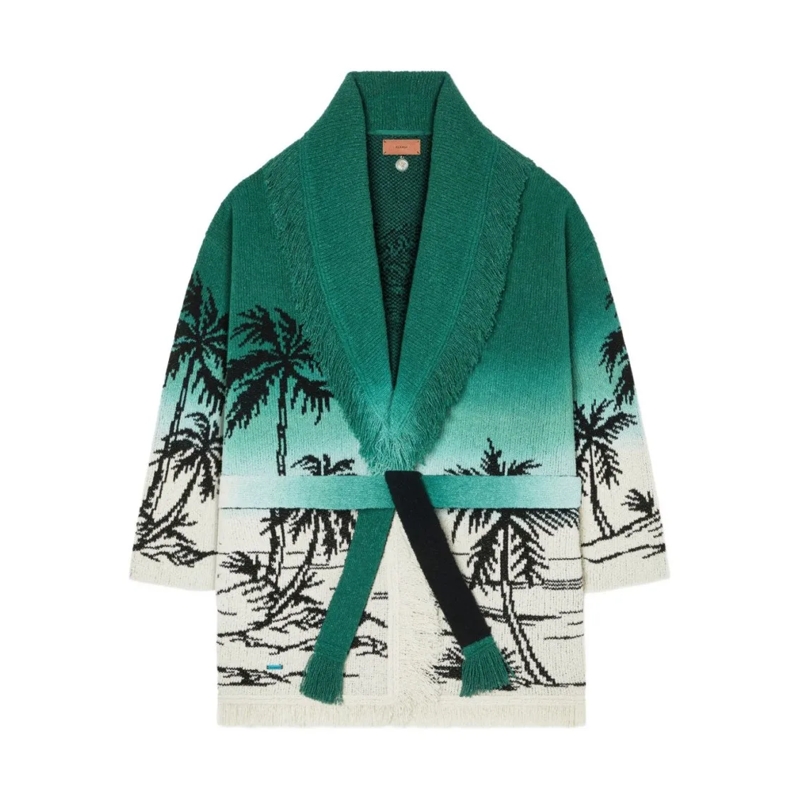 Alanui Trui Gradient Knit Sweater With Fringe Shawl Collar Green