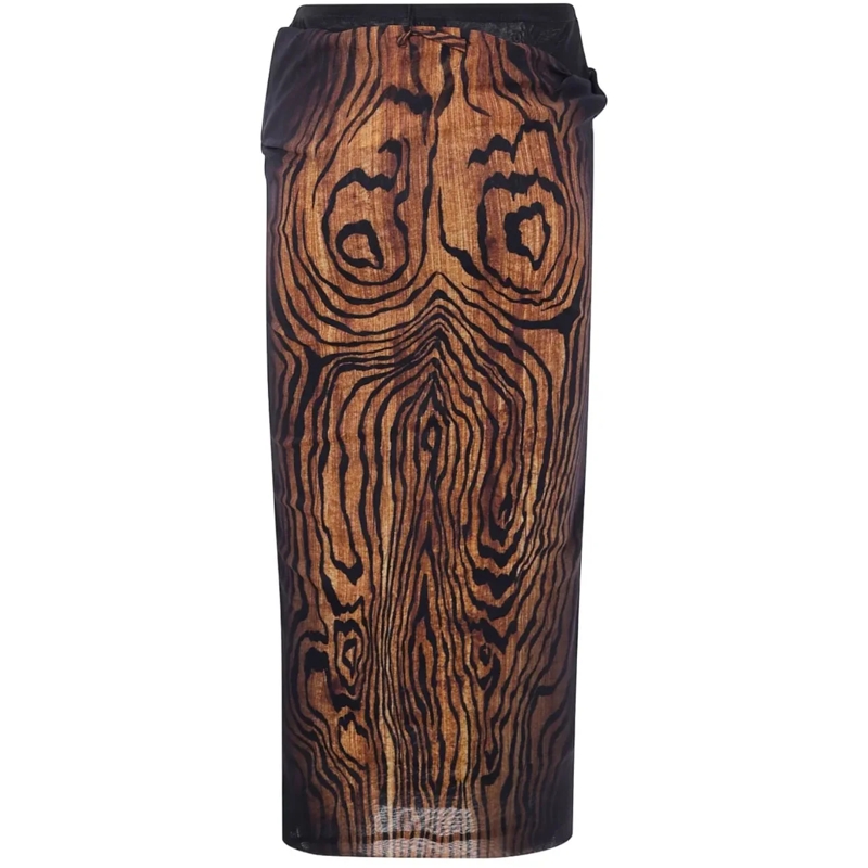 Jean Paul Gaultier Midirock Mesh Skirt Double Layer Printed "wood" Black/brown schwarz