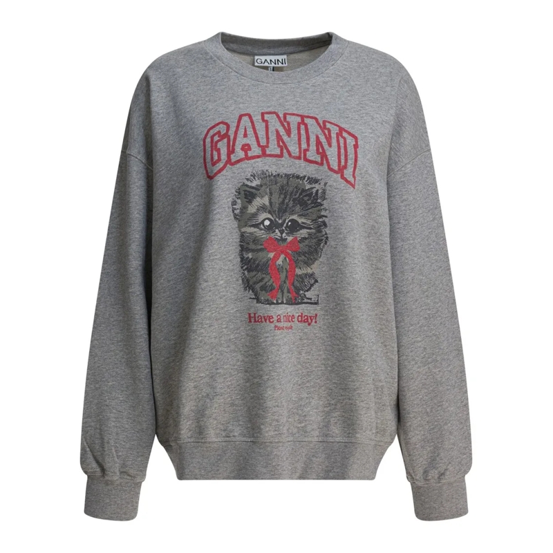 GANNI  "Margot Kitty Print" Crewneck Sweatshirt Grey
