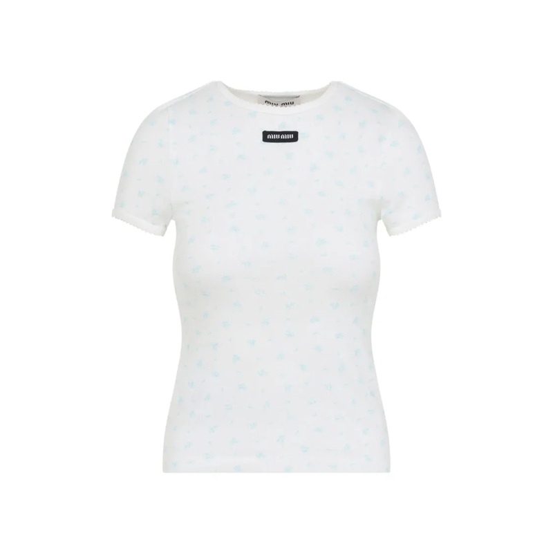 Miu Miu T-shirt Fitted Floral Print Cotton T-Shirt White