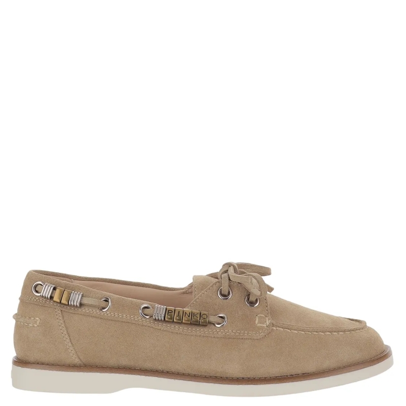 Pinko Ballerinas Beige Leather Loafers With Metal Eyelet Detailing Neutrals