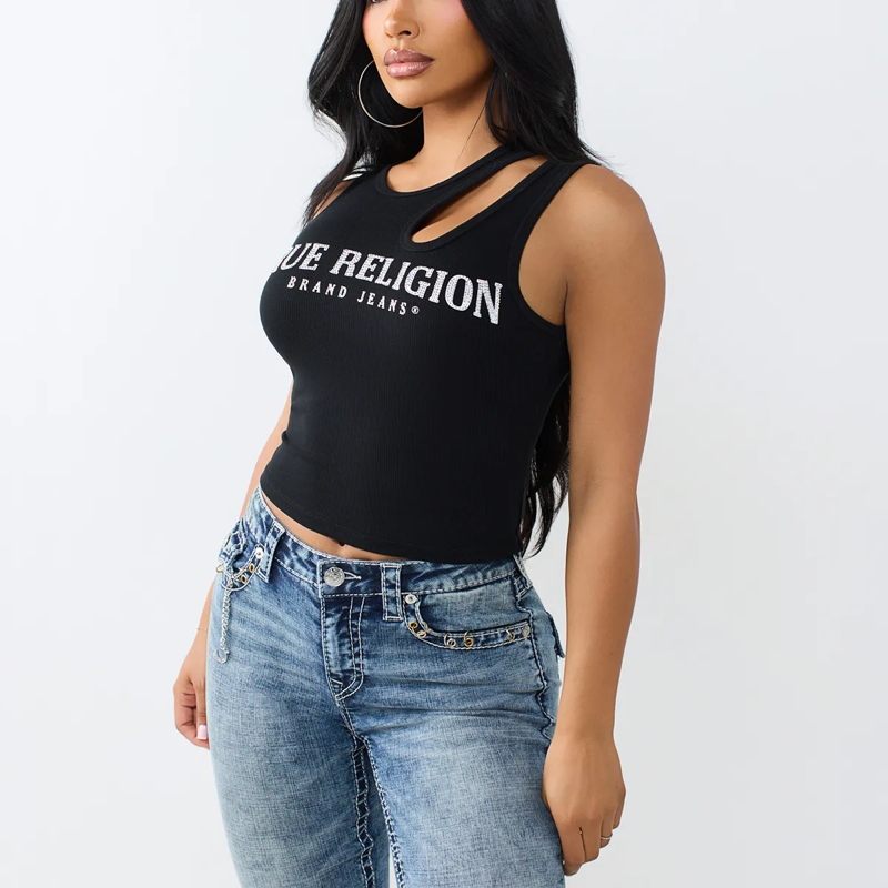 True Religion Top - Top- Ziersteine auf Front- Cut Out- Dehnbarer schwarz(Image 3)